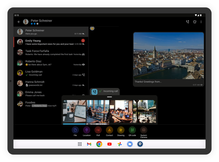 An Android tablet showing the Threema inbox, an incoming call is minimized on the bottom