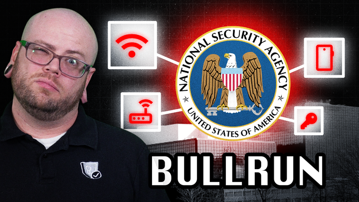 Nate making a confused expression with the NSA logo and the words BULLRUN underneath. 