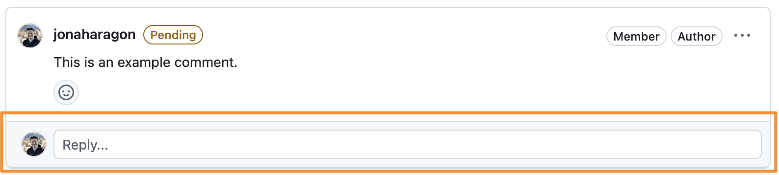 A screenshot of a comment in GitHub which has a built-in "reply" box, highlighted in orange.